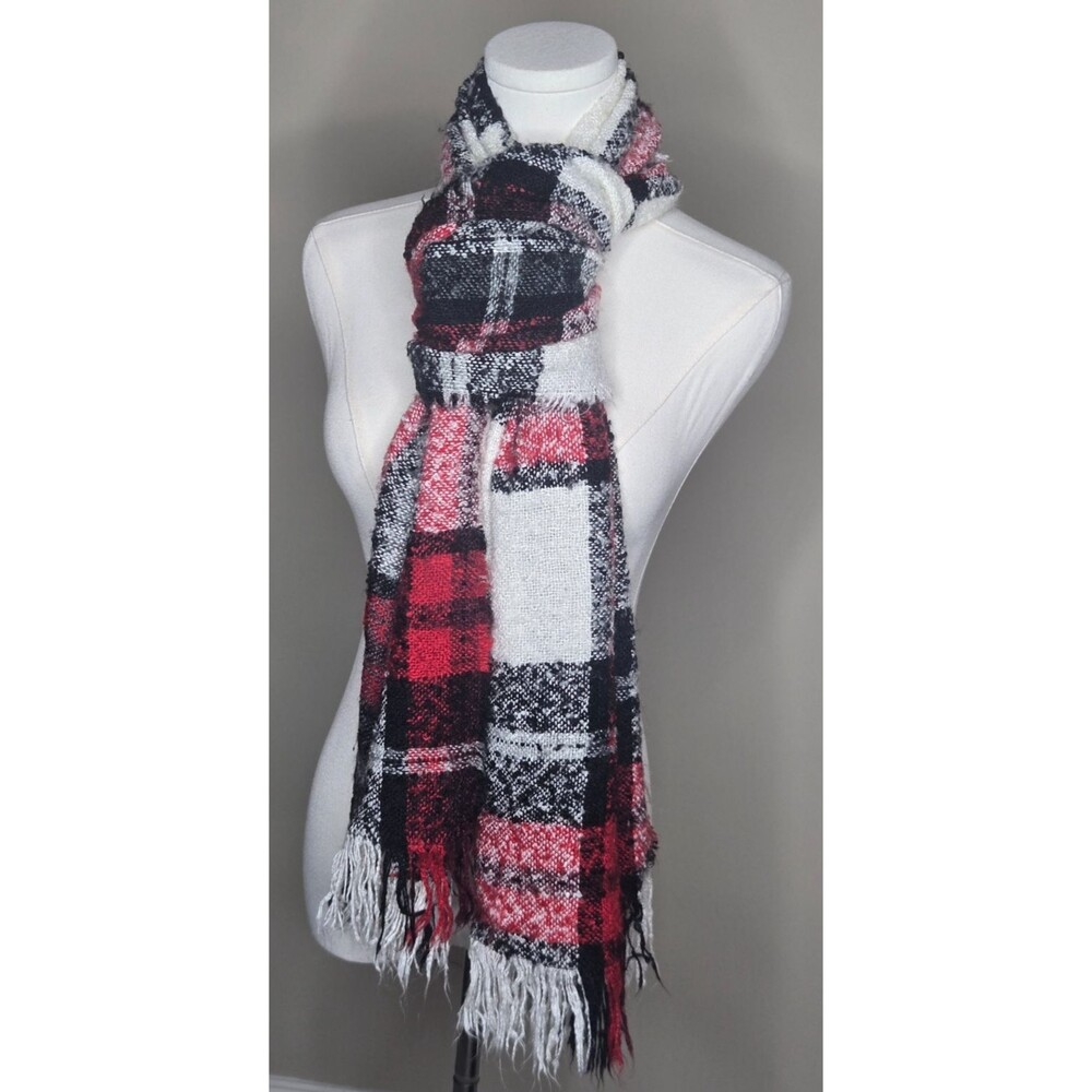 J. Jill Oversized Plaid Blanket Scarf Wrap Fringe Red Black White Cabincore